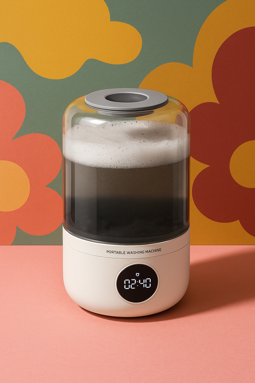 Portaboo Washeen portable washing machine against a vibrant and colorful backdrop, showcasing its compact design and portability.