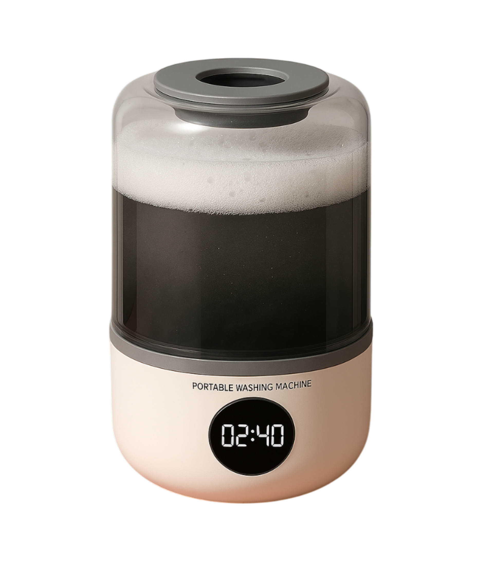 Portaboo Washeen portable washing machine with a sleek design, displayed against a transparent backdrop to highlight its compact, cordless form.